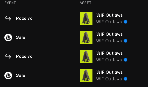 A transaction history showing four events for the asset "WIF Outlaws," including two "Receive" and two "Sale" entries, likely reflecting the user's recent purchases of additional Robin Wif Hats, bringing their total holdings to five.