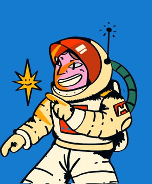 A colorful cartoon illustration of a smiling astronaut in a white and red spacesuit pointing forward against a solid blue background, with a small starburst nearby.