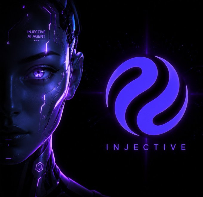 The image features an illustration of a woman's face with purple skin tones, set against a black background. The woman appears to be looking at something off-camera or directly at the viewer. Below her head, there is a logo that reads "Injective" in white letters and has a blue circle with a line through it. The text above the image says "AI agent", which suggests that this might be related to an AI-powered trading platform or system.
