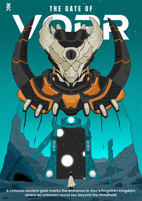 An illustrated poster titled 'THE GATE OF VOIR' depicts a giant skull-headed figure towering over a glowing portal, with text reading 'A colossal ancient gate marks the entrance to Voir's forgotten kingdom, where an unknown world lies beyond the threshold.'