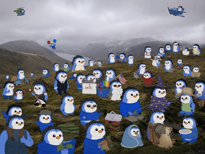 A gloomy, overcast landscape filled with numerous blue-and-white cartoon penguins—several wearing magical hats and costumes from the Puzzling Penguins NFT collection—mirrors the bleak, turbulent market sentiment expressed in the post about Coinbase (CT), with one penguin holding a sign reading "I ❤️ HATE" emphasizing the contradictory frustration.