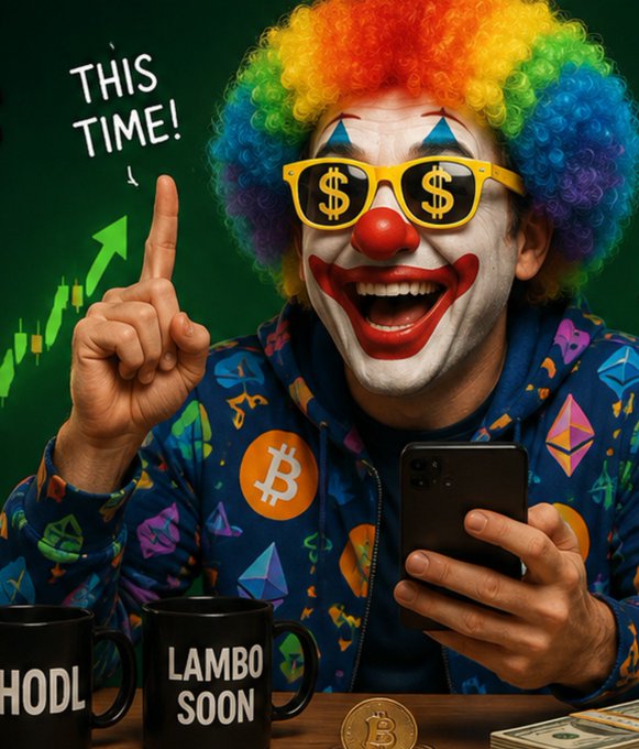 A colorful clown with dollar-sign eyes wearing a cryptocurrency-themed hoodie, pointing upward with the text 'THIS TIME!', alongside mugs reading 'HODL' and 'LAMBO SOON'.