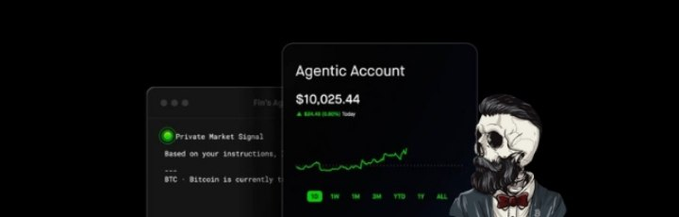 The image shows a stylized graphic of a bearded figure in a suit alongside digital interfaces displaying an "Agentic Account" with a balance of "$10,025.44" showing a "Private Market Signal" for BTC (Bitcoin). These visual elements illustrate Robinhood's rollout of agentic crypto trading, where AI-driven tools are set to actively execute trades rather than just provide passive market insights.
