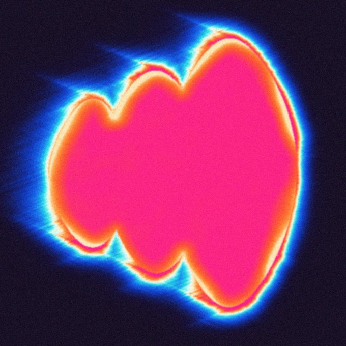 A glowing neon pink heart shape surrounded by an orange and blue aura, set against a dark background.