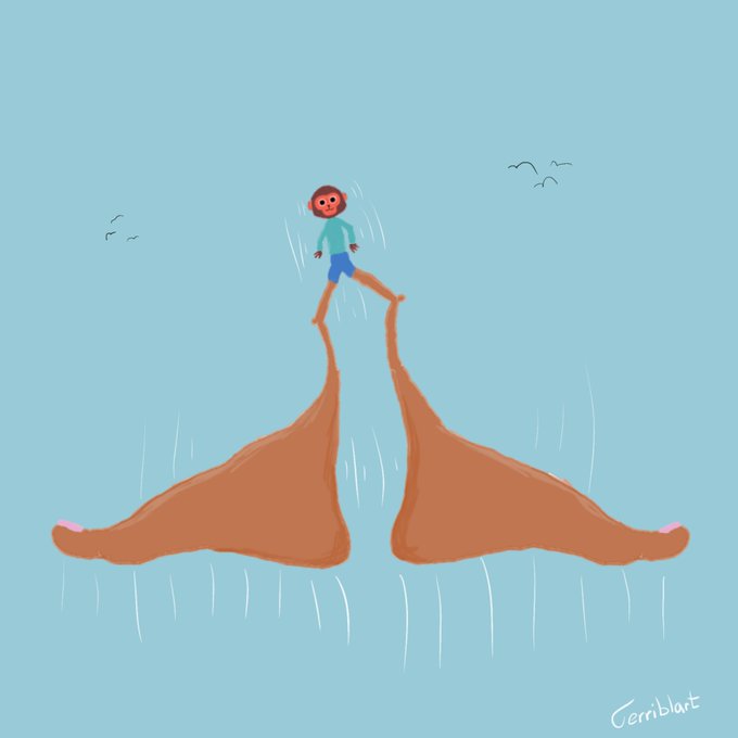 An illustration of a small figure standing on top of two large, stilt-like legs that resemble feet, set against a light blue background with birds flying.