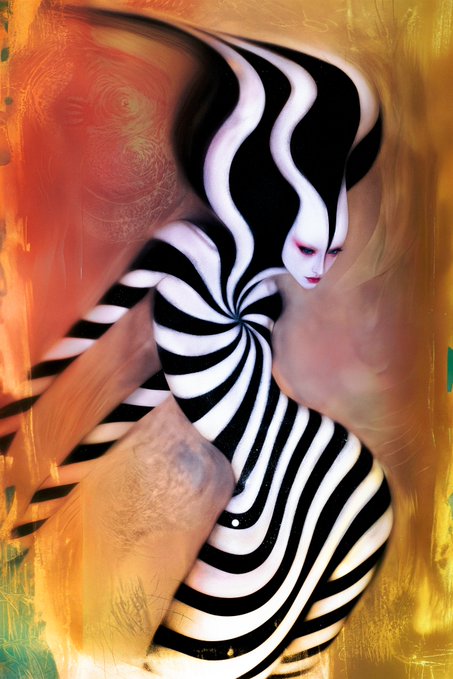 A surreal digital artwork featuring a figure painted in swirling black and white stripes against a vibrant orange and yellow painted background, with feminine facial features emerging from the hypnotic pattern.