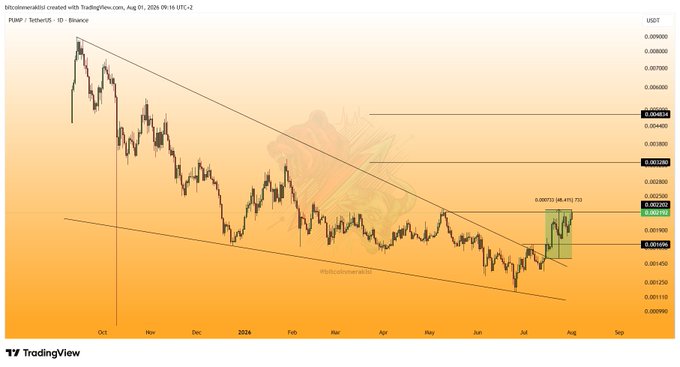 A TradingView candlestick chart of PUMP/TetherUS (PUMPUSDT) on the daily timeframe, dated August 1, 2024, shows the price breaking out of a descending channel pattern and rising to the highlighted target level of 0.0007256, illustrating the approximately 50% gain achieved within 20 days as noted in the accompanying analysis.