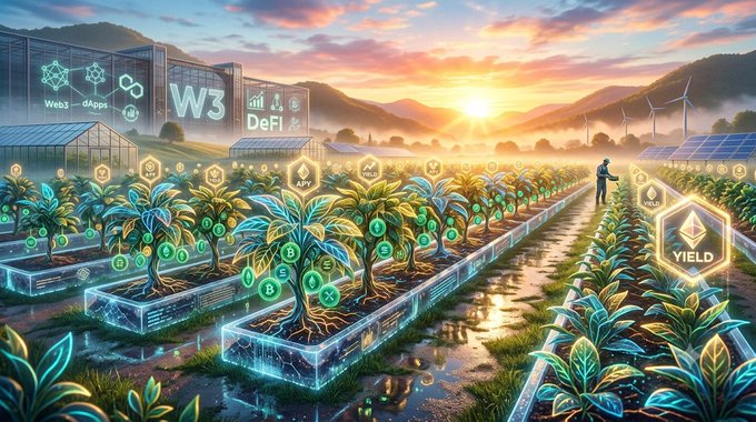 A digital illustration depicting a futuristic agricultural field with glowing plants, blockchain icons labeled 'Web3', 'dApps', and 'DeFi', and a 'YIELD' sign at sunset.