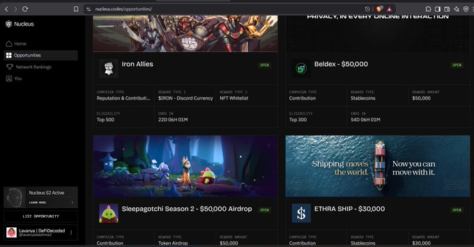 A screenshot of the Nucleus platform (nucleus.xyz/opportunities) showing various airdrop opportunities including Iron Allies, Beldex ($50,000), Sleepagotchi Season 2 ($50,000), and ETHRA SHIP ($30,000).