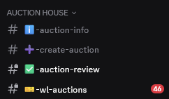A Discord channel titled "AUCTION HOUSE" displays four message threads labeled "auction-info," "create-auction," "auction-review," and "wl-auctions," with the last thread showing 46 active whitelist auctions, matching the post's highlight of 46 simultaneous WL auctions in the Iron Allies discord.
