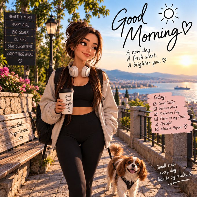 A digitally created 'Good Morning' motivational graphic featuring an illustrated young woman with headphones holding a coffee cup next to a small dog, with inspirational text overlays like 'Healthy Mind,' 'Happy Girl,' 'Big Goals,' and a checklist titled 'Today.'