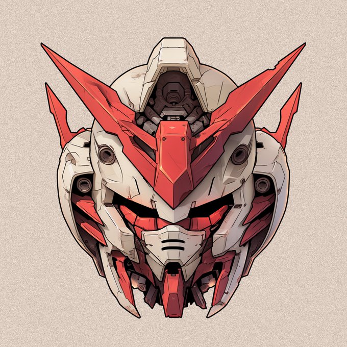 A striking digital illustration of a red and white mecha-style helmet, resembling the iconic Gundam head design, shown against a neutral gray background as part of a "gm" (good morning) post featuring mask #329.