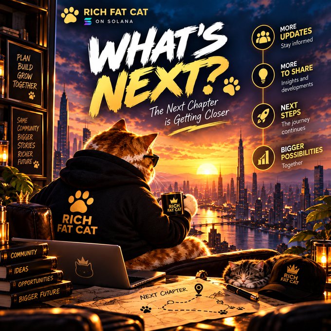 Promotional graphic for 'RICH FAT CAT ON SOLANA' featuring the headline 'The Next Chapter is Getting Closer' with bullet points: 'MORE UPDATES Stay informed', 'MORE TO SHARE Insights and developments', 'NEXT STEPS The journey continues', 'BIGGER POSSIBILITIES Together', and side text 'PLAN BUILD GROW TOGETHER' and 'SAME COMMUNITY BIGGER STORIES RICHER FUTURE'.