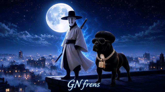 A stylized nighttime scene showing a masked figure in traditional robes holding a sword alongside a black pug wearing sunglasses and a gold chain, with 'GNfrens' text overlaid against a full moon and city skyline.
