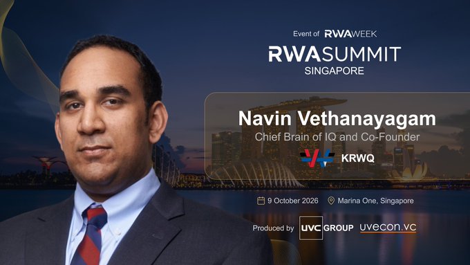 Promotional graphic for the RWA Summit Singapore featuring Navin Vethanayagam, Chief Brain of IQ and Co-Founder of KRWQ, scheduled to speak on October 9, 2026, at Marina One, Singapore, against a backdrop of the city skyline.