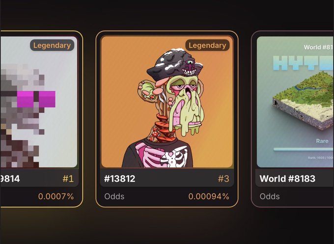 A digital collection interface displaying three 'Legendary' rarity items, including two zombie character cards (#13812 and #9814) with extremely low odds of 0.00094% and 0.0007%, alongside a 'World #8183' landscape card.