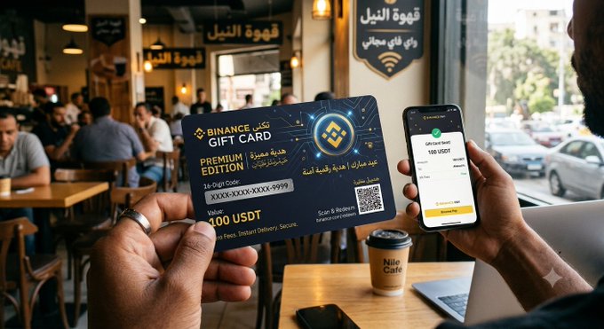 In a café setting, a person holds a Binance Premium Edition gift card for 100 USDT while another uses a smartphone showing a gift card redemption page, with a takeaway coffee cup labeled 'Nile Cafe' on the table.