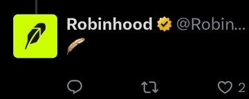 A screenshot from the Robinhood app displays a bright neon green dollar sign ticker symbol alongside the name "Robinhood" and its handle "@Robin...", with engagement metrics showing 1 comment, 1 retweet, and 2 likes at the bottom. The image illustrates the post's commentary about Robinhood's own ticker symbol experiencing a display glitch on its platform.