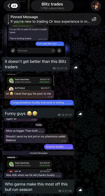 A screenshot of a Telegram channel called 'Blitz trades' with 1,760 subscribers, showing pinned messages, trading discussions, and user messages about profits and congratulations.