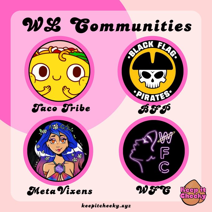 A pink promotional graphic titled 'WL Communities' featuring four circular logos: 'Taco Tribe' (a cute taco character), 'BFP' (a Black Flag Pirates skull logo), 'MetaVixens' (a blue-haired anime-style character), and 'WFTC' (a neon purple profile silhouette), credited to 'keepitchecky.xyz'.