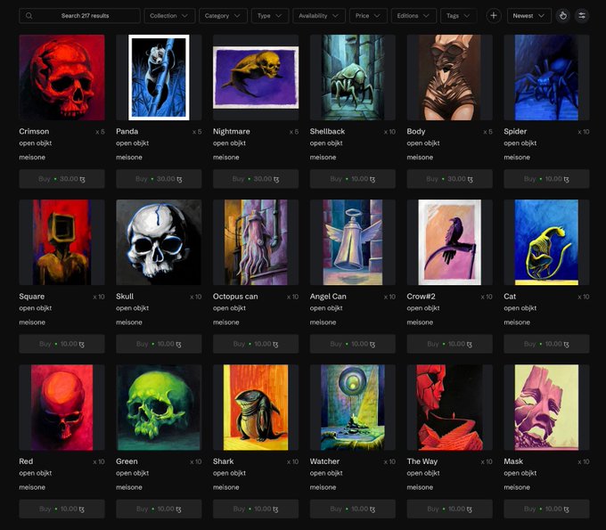A digital marketplace interface showing 217 results of NFT collections by artist 'melone,' featuring various open edition artworks including Crimson, Panda, Nightmare, Shellback, Body, Spider, Square, Skull, Octopus can, Angel Can, Crow#2, Cat, Red, Green, Shark, Watcher, The Way, and Mask, each priced around 10.00 ETH.