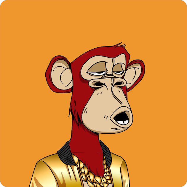 The image features a cartoon monkey wearing a gold outfit, including a gold jacket and a gold chain around its neck. The monkey appears to be in a relaxed pose with one eye closed, giving off an impression of boredom or disinterest. The background is orange, which contrasts with the monkey's attire and adds visual interest to the scene. The image also includes text that reads "NFTs @BoredApeYC".