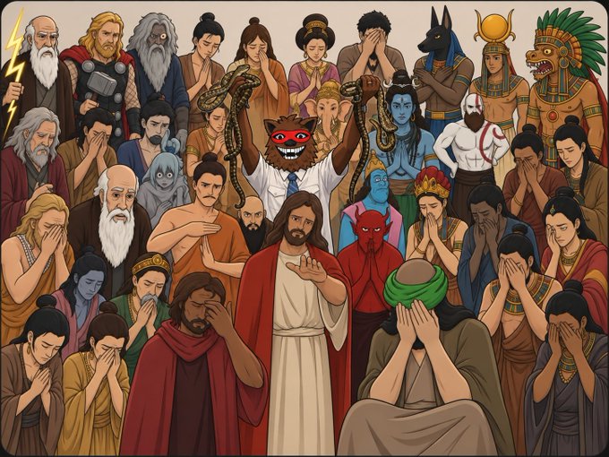 A digital illustration depicts a diverse gathering of mythological figures and deities, including Thor, Anubis, Jesus, and Buddha, many covering their eyes while a central figure with a cat mask and snakes performs a ritual.