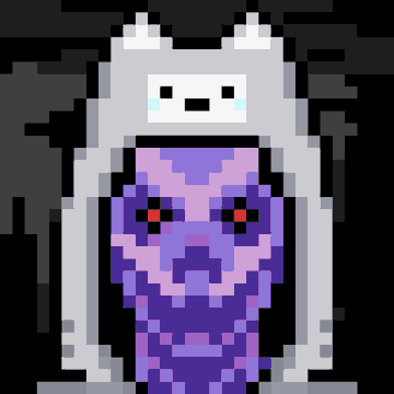 A pixel art character with a white, animal-like head and a purple body stands against a plain background.