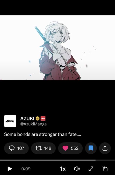 A tweet from AZUKI (@AzukiManga) displaying anime artwork of a white-haired character holding a katana, with the caption 'Some bonds are stronger than fate....' and 552 likes.