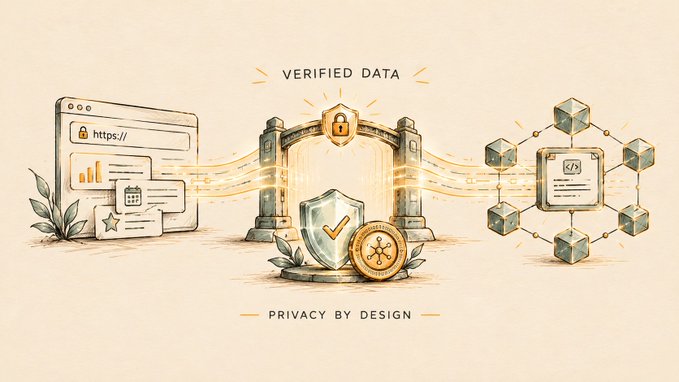 An illustration depicting data security concepts, showing a browser window with 'https://', a shield, a padlock, and a blockchain network, with the text 'VERIFIED DATA' at the top and 'PRIVACY BY DESIGN' at the bottom.