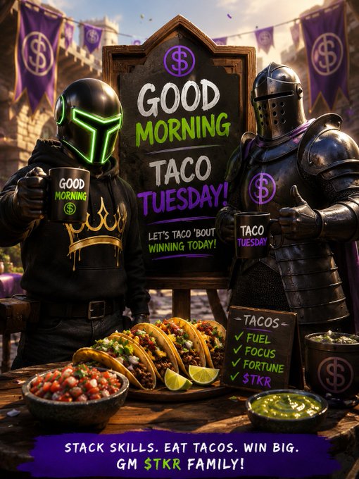A promotional 'Good Morning Taco Tuesday' graphic features a futuristic helmeted character and a knight in armor holding mugs, with tacos displayed and the slogan 'STACK SKILLS. EAT TACOS. WIN BIG. GM $TKR FAMILY!'