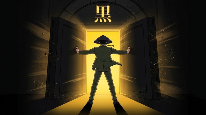 An anime-style illustration of a figure in a conical hat standing with arms outstretched in a doorway, backlit by a golden glow, with the kanji character 黒 (black) displayed above.