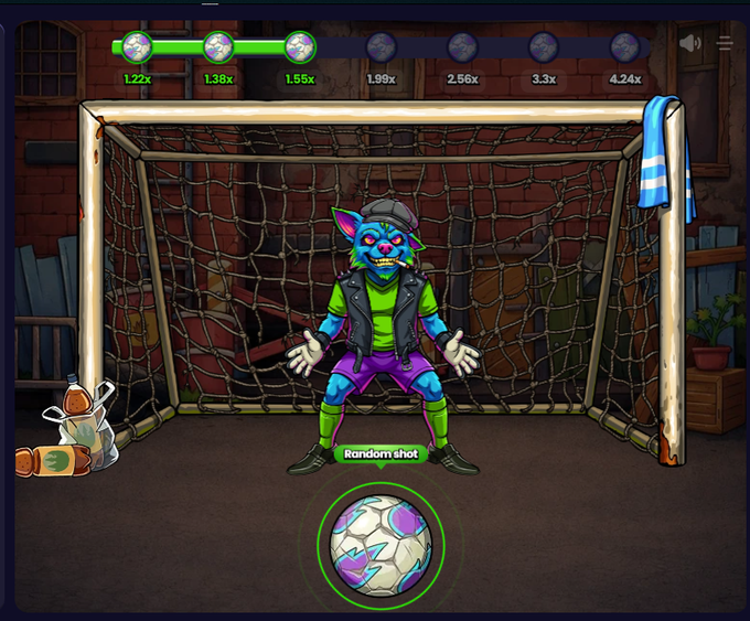A screenshot from a soccer-themed video game featuring a blue, furry goalkeeper character in front of a net, with a multiplier progress bar at the top showing odds like 1.22x, 1.38x, 1.56x, 1.99x, 2.56x, 3.3x, and 4.24x, and a "Random shot" button above a soccer ball.