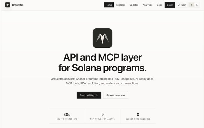 A screenshot of the Orquesta website homepage showcases their new logo and UI redesign, featuring the tagline "API and MCP layer for Solana programs" alongside key metrics including "30s IDL to hosted API" and "9 MCP tools for agents." The refreshed branding aligns with the announcement highlighting new features like Scope Keys for restricted MCP search_programs, on-chain IDL change detection, and codama IDL support.