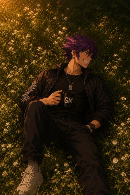 An anime-style illustration of a young man with purple hair, dressed in black, holding a mug that says 'GM', sitting in a field of white flowers at sunset.