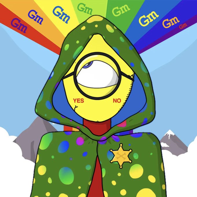 A digital illustration of a figure in a green polka-dot hooded cloak with a single large eye, surrounded by a colorful 'Gm' rainbow, with 'YES' and 'NO' written below the eye.