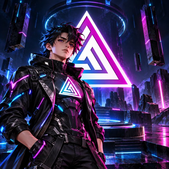 Anime-style illustration of a dark-haired male character with purple eyes wearing a futuristic black outfit with a glowing triangular symbol, standing before a large neon triangular emblem in a cyberpunk cityscape.