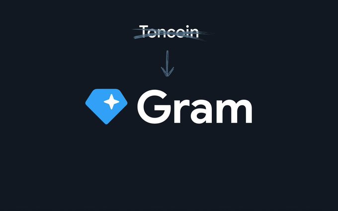 The image features a logo for a cryptocurrency called TONOIN, which has been rebranded as Gram. The original logo was blue with white text that read "TONOIN" followed by "Gram", but now it's replaced with a white version of the same words. The new logo is displayed against a black background and includes a small diamond icon in the center. The image also contains some text, including the phrase "Transition will take around 3 weeks" and "TON remains the name of the blockchain".