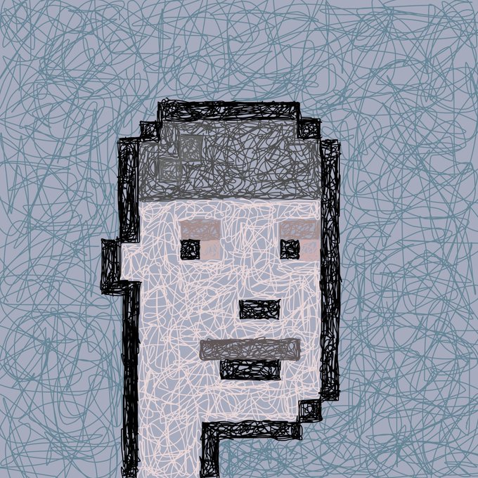 A chaotic, scribbled drawing of a figure or object composed entirely of overlapping, dense black and white lines against a light blue background with similar scribbled patterns.