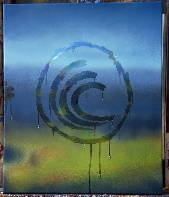 A spray-painted stencil artwork on canvas showing a dripping spiral or wave design in dark blue and green tones against a blue sky and green field background.