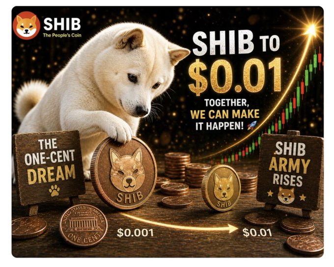 Promotional graphic for SHIB (The People's Coin) featuring a Shiba Inu dog with coins and signs reading 'THE ONE-CENT DREAM' and 'SHIB ARMY RISES,' promoting a target of $0.01.