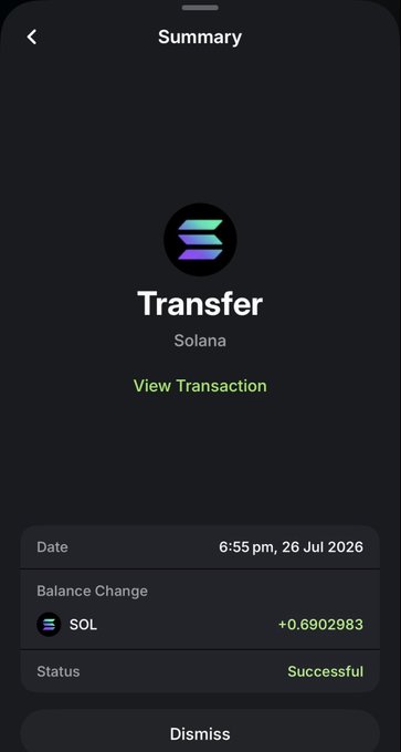 A mobile wallet transaction summary screen on Solana showing a successful Transfer of +0.6902983 SOL dated 6:55 pm, 26 Jul 2026.
