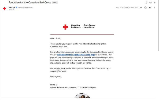 A screenshot of a Gmail email from "We Care" (the Canadian Red Cross) confirming a fundraise request, addressed to "Cecio," which appears to support a post suggesting that a "WOODCOIN" project is in direct contact with the Red Cross for a fundraising initiative.