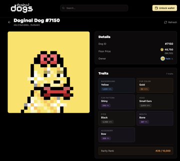 A webpage for 'dosinal dogs' displaying 'Doginal Dog #7150', featuring a pixel art image of a dog-like figure with a red bow on its head, priced at 48,750.