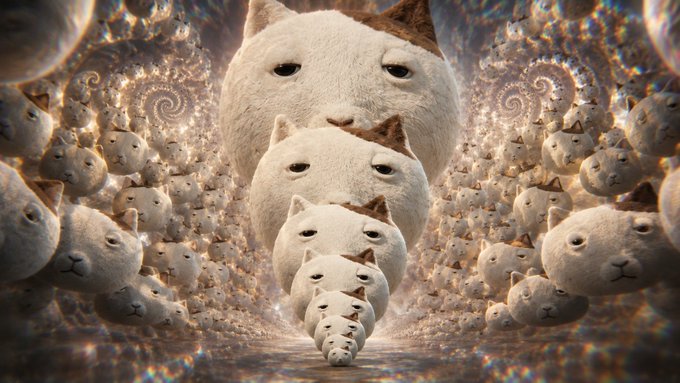 A surreal, fractal-like scene shows an infinite recursive tunnel of cat heads receding into the distance, with the largest at the front and progressively smaller versions repeating endlessly behind.

The image visually represents the post's idea of "accumulation"—just as the cat faces multiply and stack into a deep vertical column, $KET tokens are said to be accumulating in an ever-growing tower.