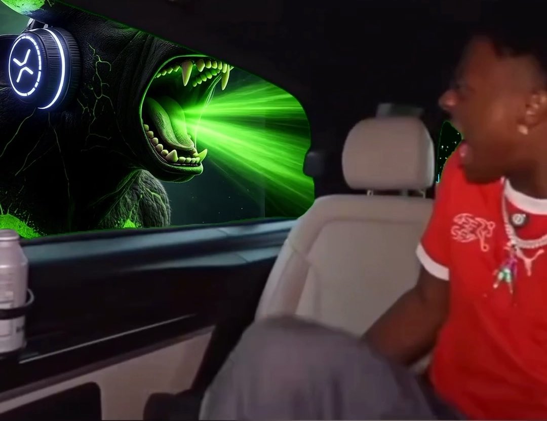 A person in a red shirt sits in a car, looking with a surprised expression at a green monster with sharp teeth outside the window that is shooting green laser beams, while a bottle sits in the cupholder.