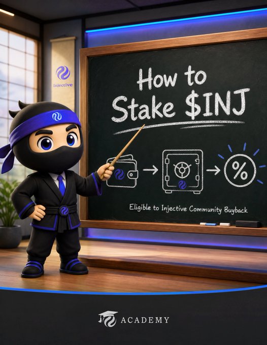 An Injective Academy promotional image features a ninja mascot pointing to a chalkboard reading 'How to Stake $INJ' with diagrams of a wallet, safe, and percent sign.