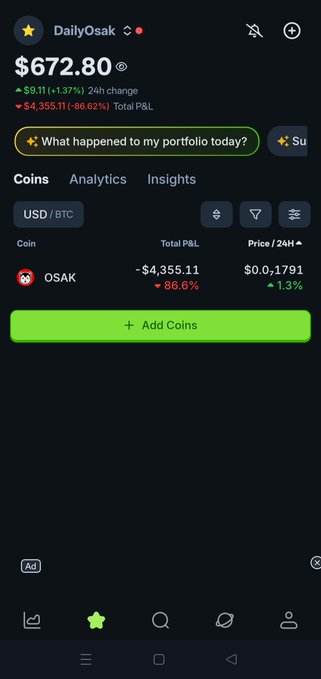 Mobile screenshot of a cryptocurrency portfolio showing DailyOsak at $672.80, down 1.37% in 24h, with a P&L of -$4,355.11 (-86.62%) for the OSAK coin, plus navigation tabs for Coins, Analytics, and Insights.