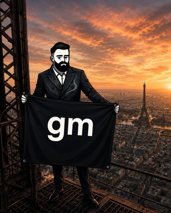 A stylized black and white illustration of a bearded man in a suit holding a black flag with 'gm' written on it, set against a sunset view of Paris with the Eiffel Tower.