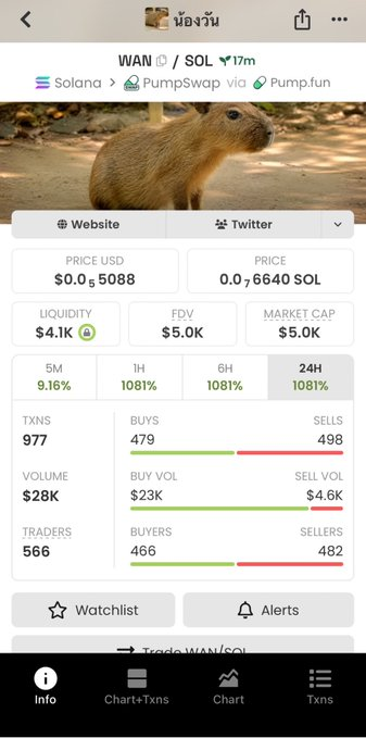 A mobile trading app screen displays the 'WAN / SOL' token (น้องวัน in Thai) on PumpSwap via Pump.fun with price $0.05888, $4.1K liquidity, $5.0K FDV, and dramatic 1081% gains at 1H, 6H, and 24H.